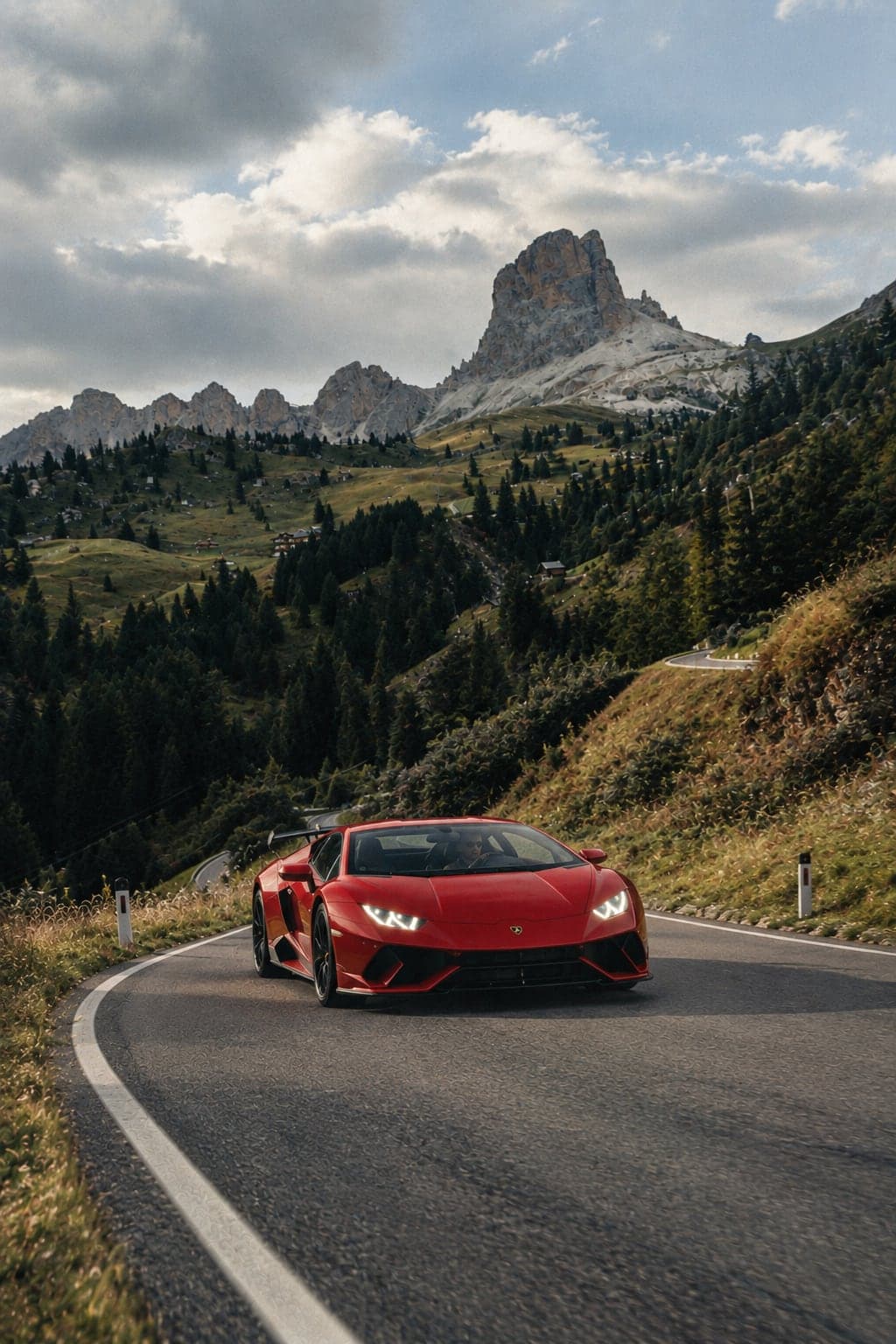 Красный Lamborghini на горной дороге в Доломитах